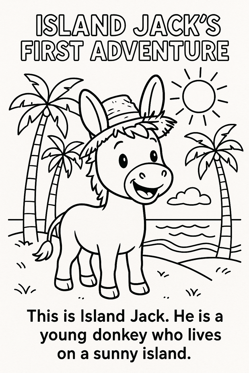 Island Jack, a smiling young donkey in a straw hat, standing on a sunny beach among palm trees.